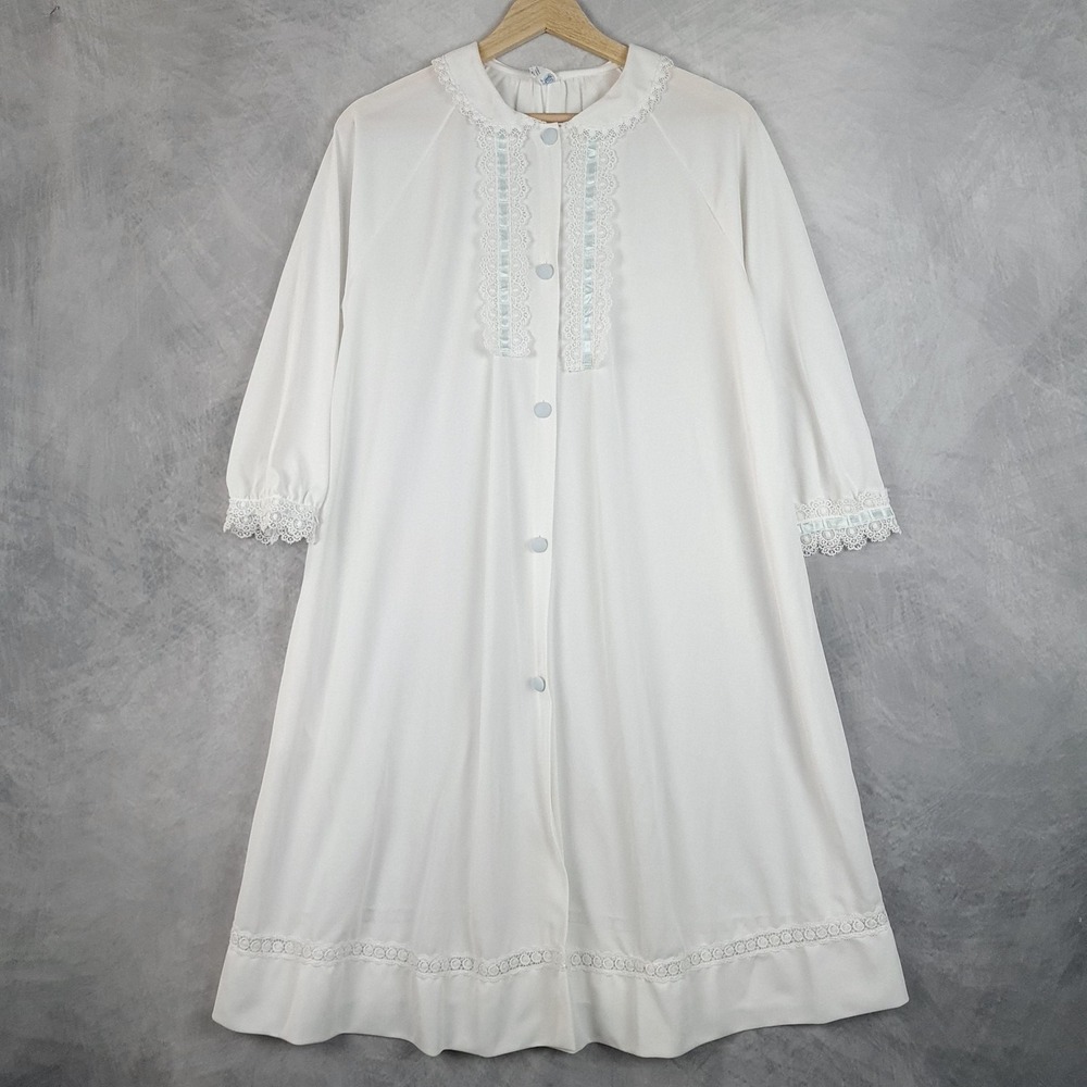 Vintage Dressing Gown Womens Medium White Lace Trim Collared Nightgown Housecoat